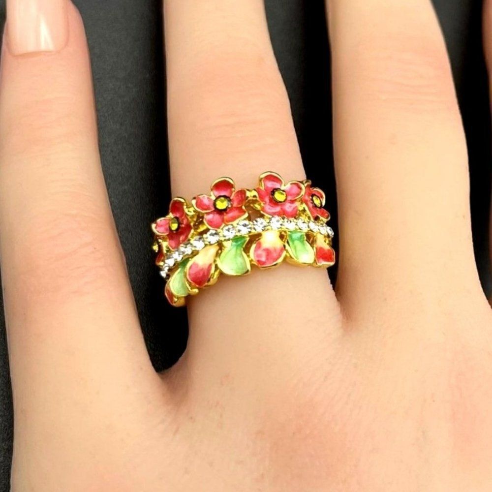 Yellow Gold with Citrine and Diamond Crystal Enamel Leaf and Flower Ring Size 6